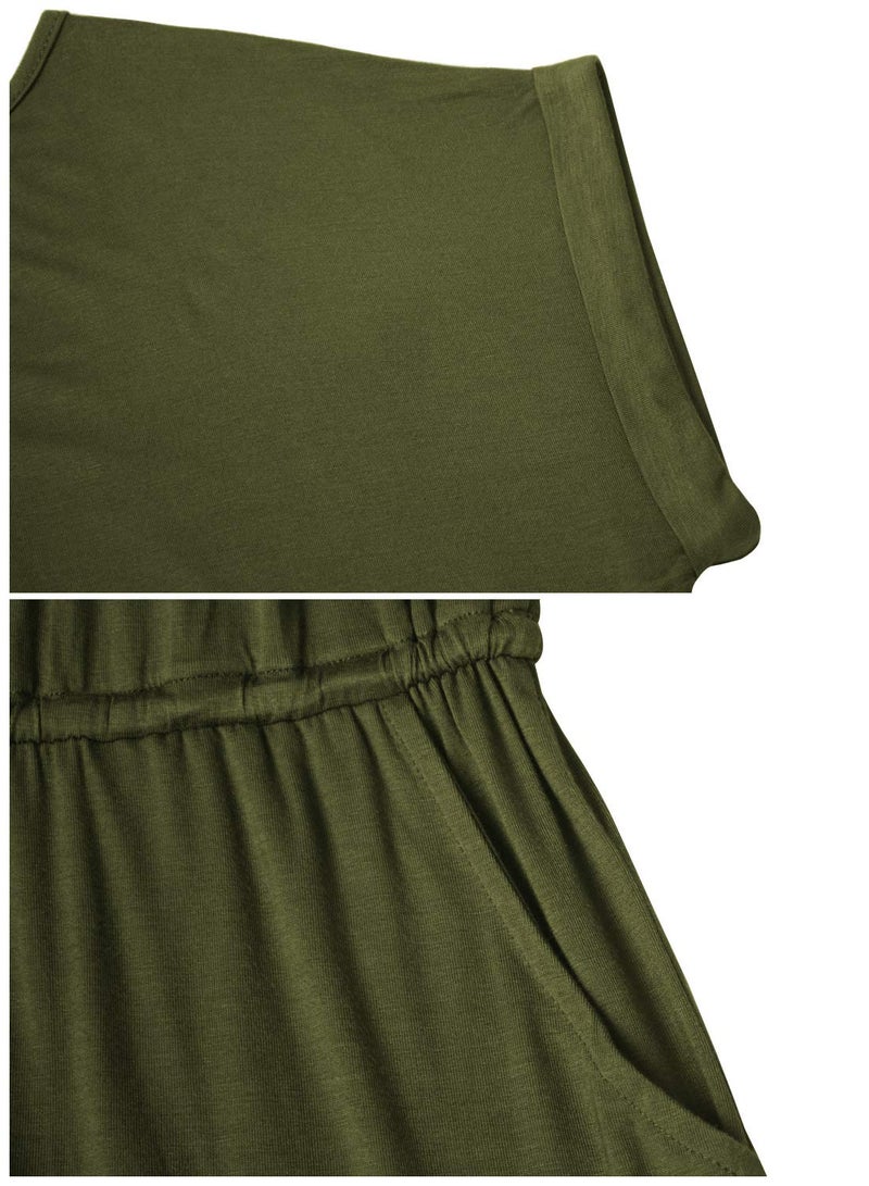 Mokayee Womens Summer Army Green Casual Short Sleeve Cute Crew Neck Front Tie Short Jumpsuits Rompers with Pockets Large - Image 2